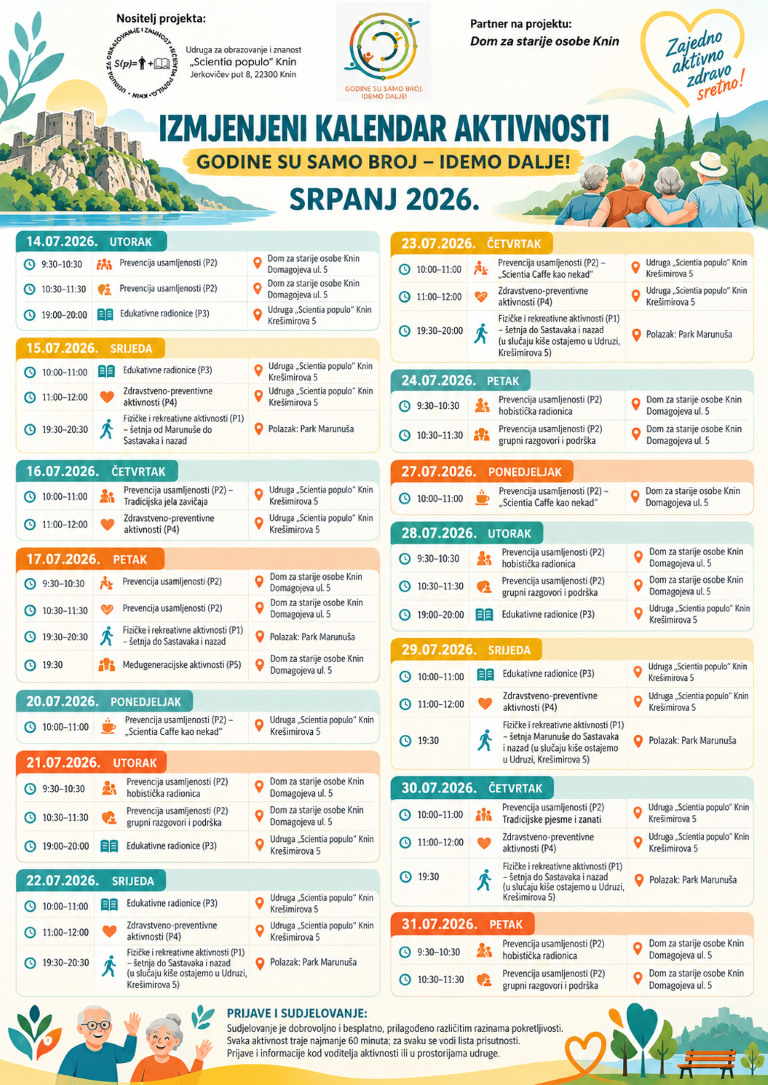 Izmijenjeni &nbsp;kalendar aktivnosti srpanj 2026. – Projekt: Godine su samo broj – idemo dalje!
