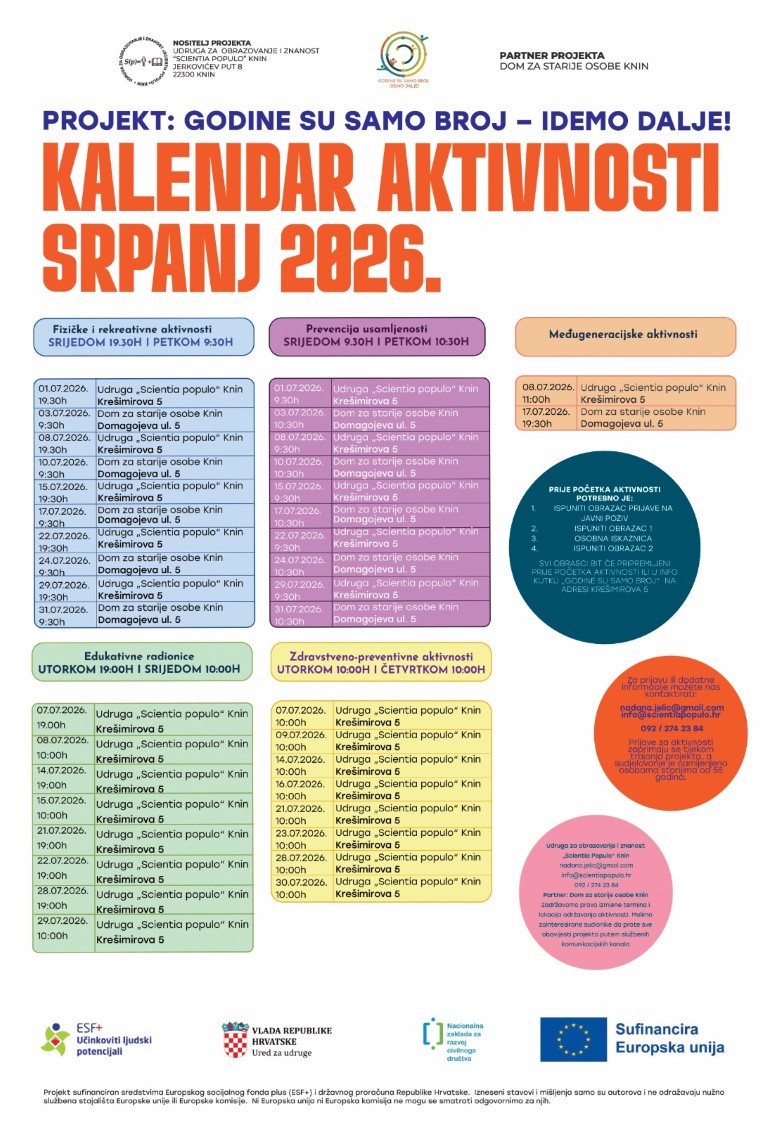 Kalendar aktivnosti srpanj 2026. - Projekt: Godine su samo broj - idemo dalje!